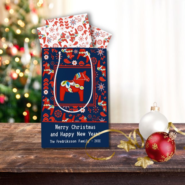 Folk Art Red Swedish Dala Horse Folk Art Pattern Mittlere Geschenktüte (Von Creator hochgeladen)