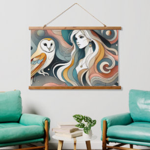 Folk Art Retro Owl und Boho Hexe Wandteppich Mit Holzrahmen