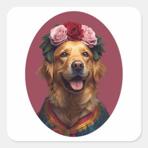 Folk-Art-Selbstporträt Golden Retriever in kühnen Quadratischer Aufkleber