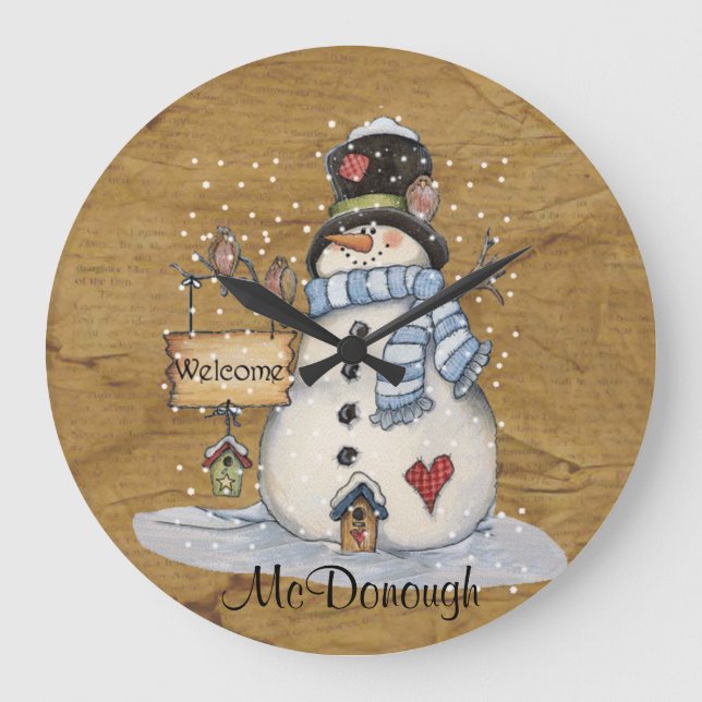 Folk Art Snowman in der Altzeitung Große Wanduhr (Vorderseite)