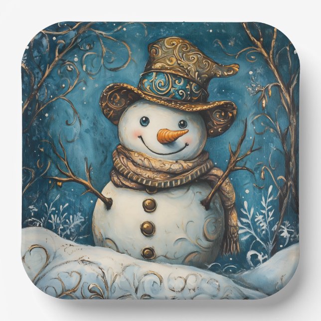 Folk Art Snowman Pappteller (Vorderseite)