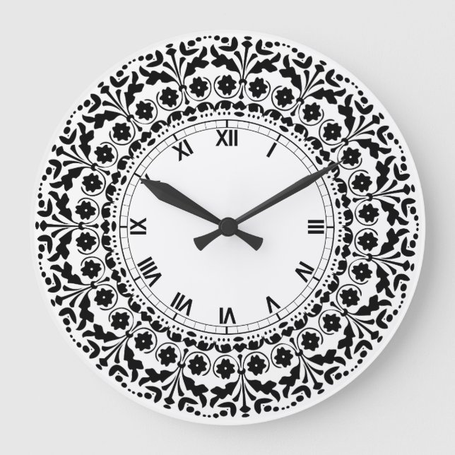 Folk Art Style Black and White Country Kitchen Große Wanduhr (Vorderseite)