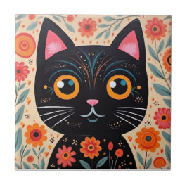 Folk Art Style Black Cat Fliese