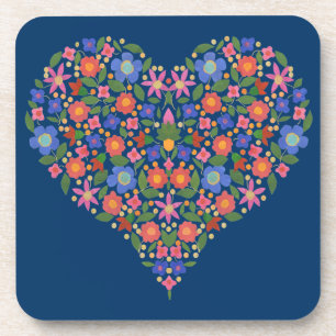 Folk Art Style Blumenherz, blaues Set von Unterset Getränkeuntersetzer