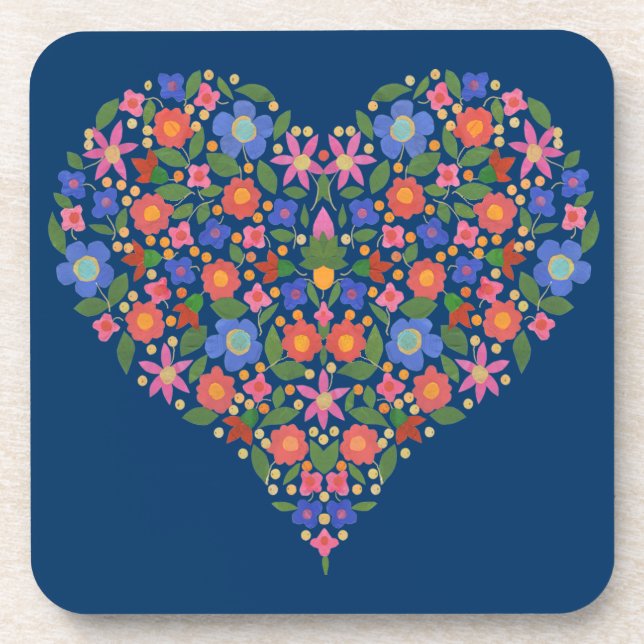 Folk Art Style Blumenherz, blaues Set von Unterset Getränkeuntersetzer (Vorderseite)