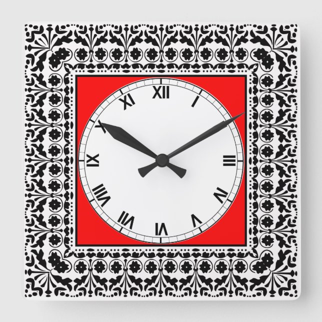 Folk Art Style Schwarz Rot und Weiß Landküche Quadratische Wanduhr (Vorderseite)
