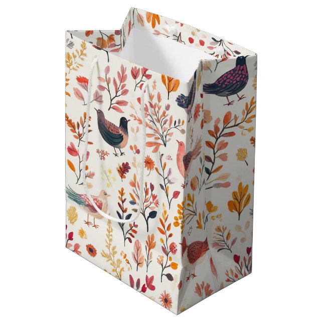 Folk Art Turkeys – Nature Inspired Autumn 2 Mittlere Geschenktüte (Vorderseite Schrägansicht)
