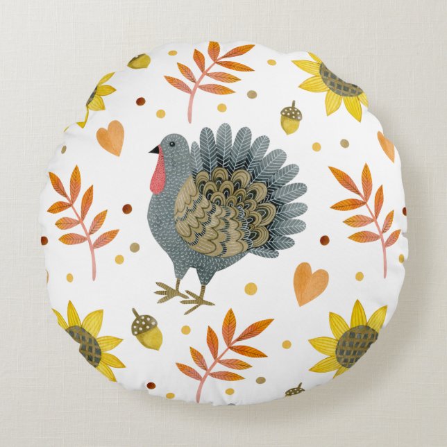 Folk Art Turkeys Rundes Kissen (Vorderseite)