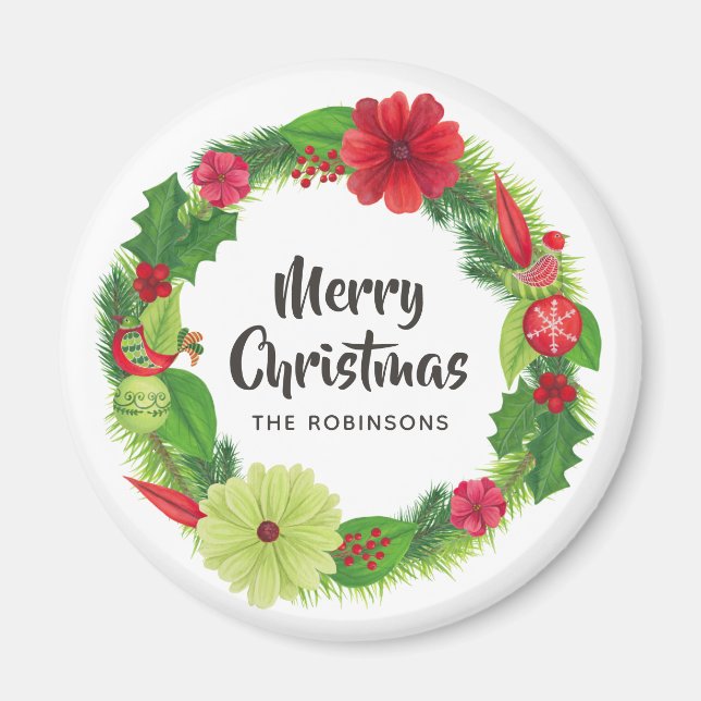 Folk Art Watercolor Blumenwein Weihnachten Magnet (Vorne)