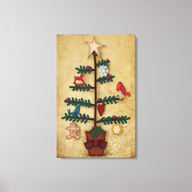 Folk Art Weihnachtsbaum mit Felt-Ornamenten Leinwanddruck (Vorderseite)