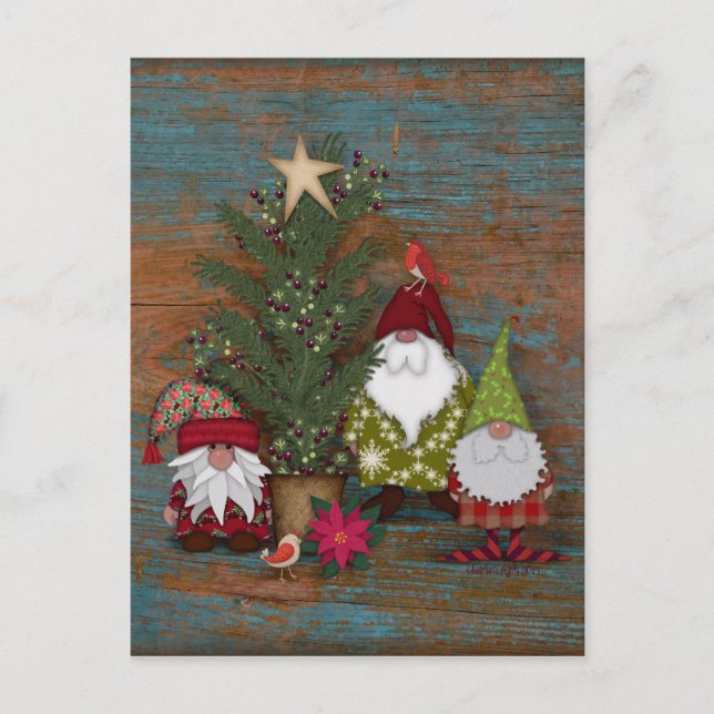 Folk Art Weihnachtsbaum und Gnomes Postkarte (Vorderseite)