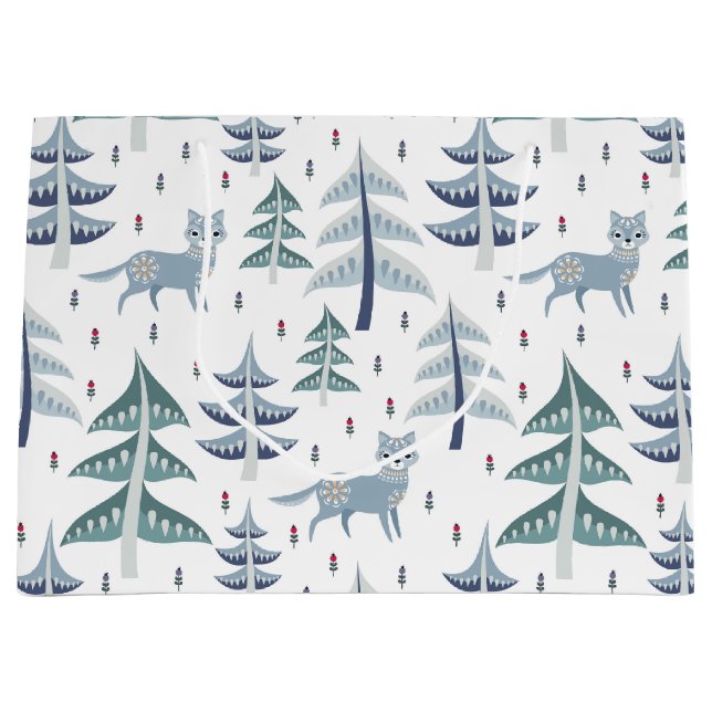 Folk Art Winter Fox and Trees Große Geschenktüte (Vorderseite)