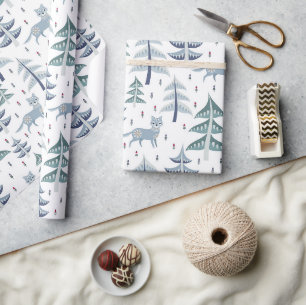 Folk Art Winter Fox & Trees Geschenkpapier