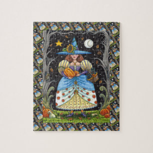 FOLK ART WITCH IN SPOOKY WOODS, SCHWARZ CAT & OWL