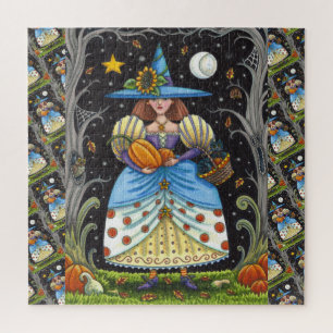 FOLK ART WITCH IN SPOOKY WOODS, SCHWARZ CAT & OWL