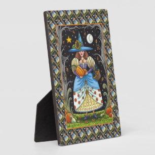FOLK ART WITCH IN SPOOKY WOODS, SCHWARZ CAT & OWL FOTOPLATTE