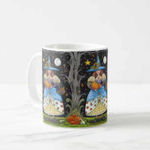 FOLK ART WITCH IN SPOOKY WOODS, SCHWARZ CAT & OWL KAFFEETASSE