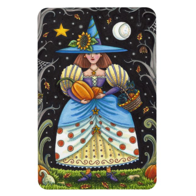 FOLK ART WITCH IN SPOOKY WOODS, SCHWARZ CAT & OWL MAGNET (Vertikal)