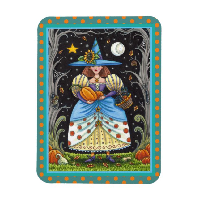 FOLK ART WITCH IN SPOOKY WOODS, SCHWARZ CAT & OWL MAGNET (Vertikal)