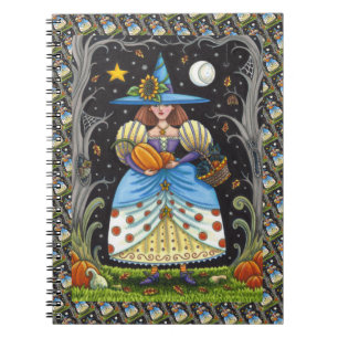 FOLK ART WITCH IN SPOOKY WOODS, SCHWARZ CAT & OWL NOTIZBLOCK