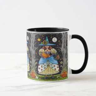 FOLK ART WITCH IN SPOOKY WOODS, SCHWARZ CAT & OWL TASSE
