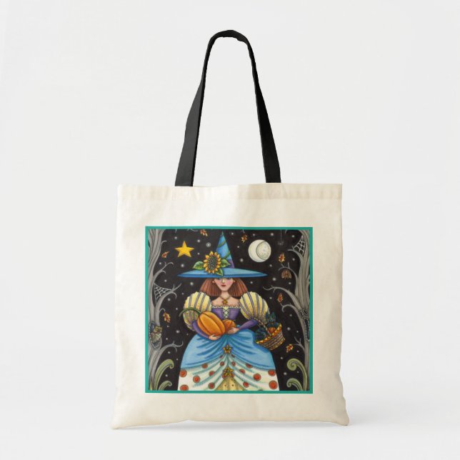 FOLK ART WITCH IN SPOOKY WOODS, SCHWARZ CAT & OWL TRAGETASCHE (Vorne)