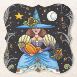 FOLK ART WITCH IN SPOOKY WOODS, SCHWARZ CAT & OWL UNTERSETZER