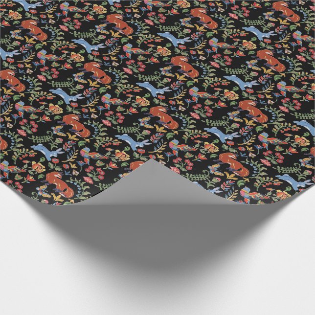 Folk Art Woodland Tiere, Floral Black Fox Kaninche Geschenkpapier (Ecke)