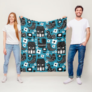 Folk Bird Blue Throw Kissen Fleecedecke
