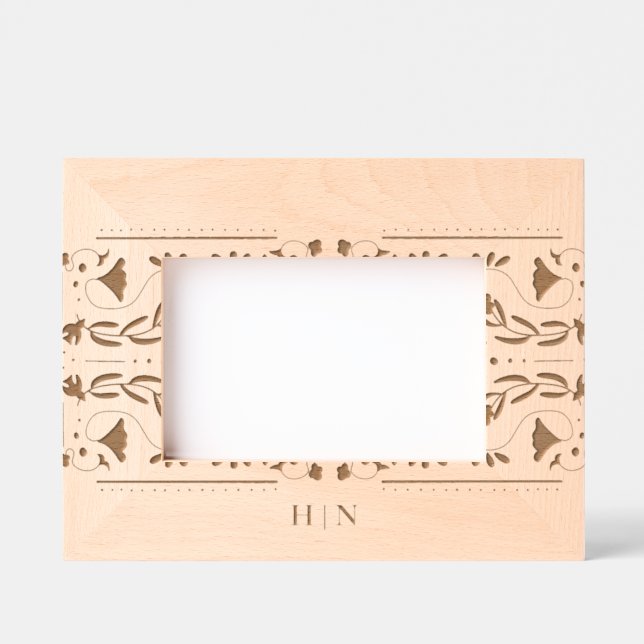 Folk Bird Floral Monogram Geätzte Rahmen (Vorderseite)