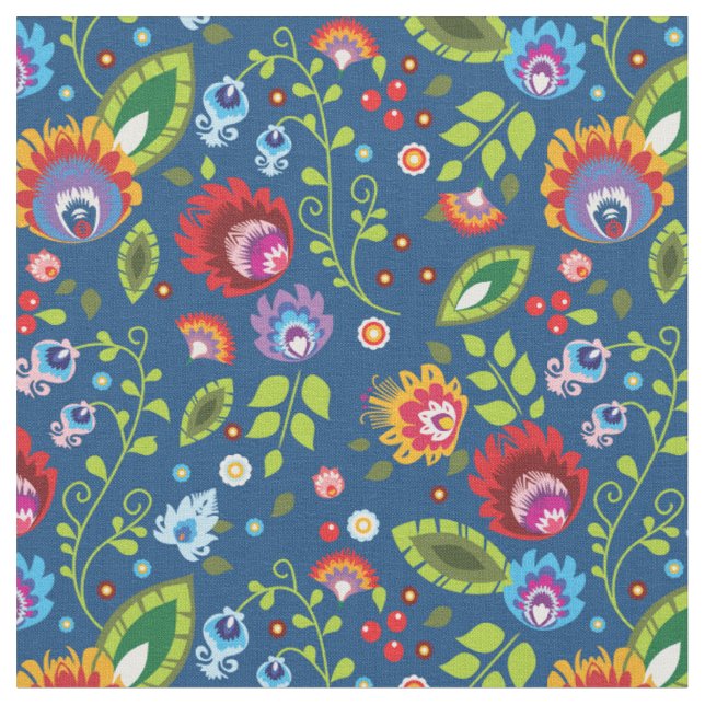 🌺 🌹 🌷 Folk-Blume auf klassisch blauem Stoff (Nahaufnahme)