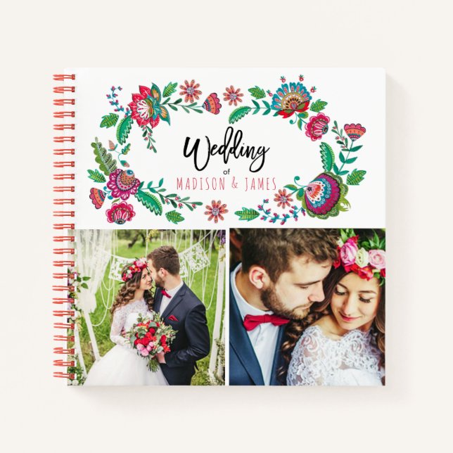 Folk-Blume Fotocollage Hochzeit Notizbuch (Vorderseite)