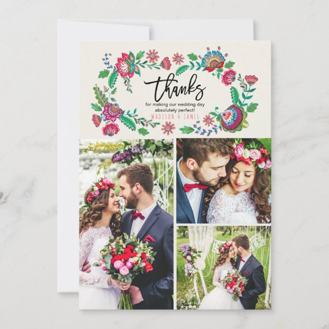 Folk-Blume | Vielen Dank | Hochzeit | 3 FOTOS Dankeskarte (Vorderseite)
