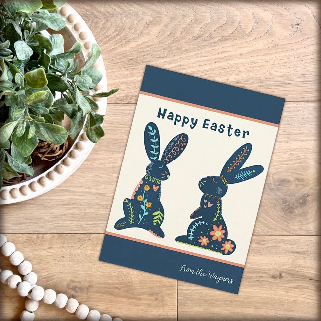 Folk Bunnies Navy Floral Happy Oaster Custom Card Karte (Von Creator hochgeladen)