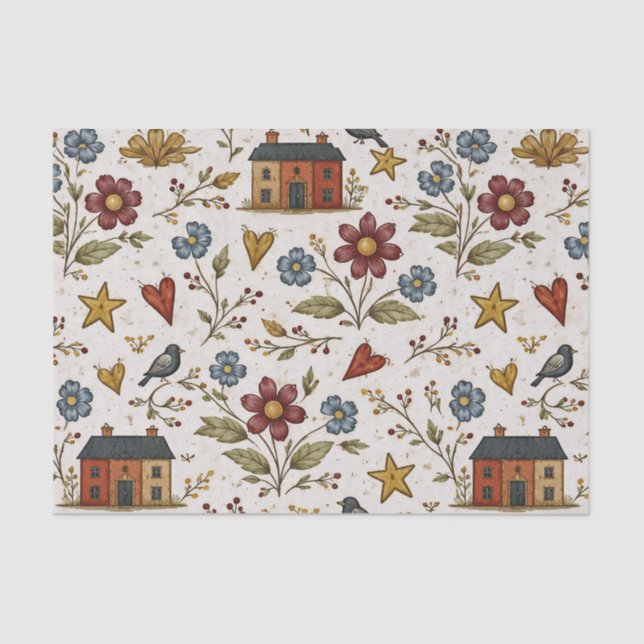 Folk Cottage Hearts Garden Pattern Seidenpapier (Vorderseite)
