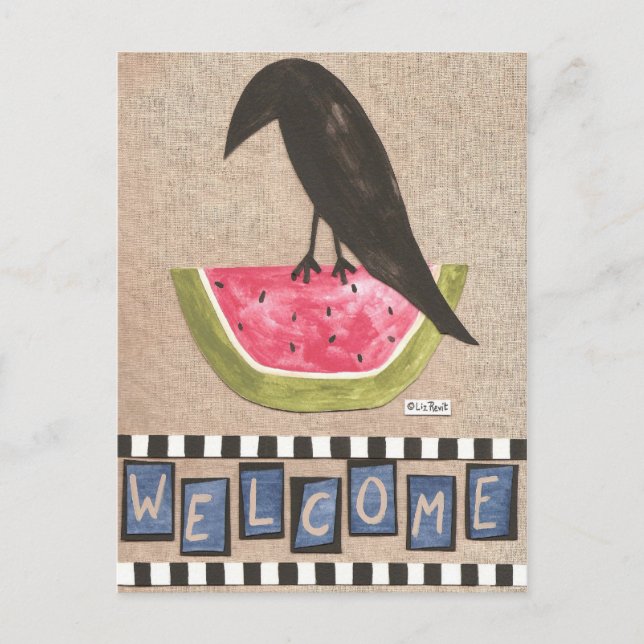 Folk Crow auf Watermelon Postkarte (Vorderseite)