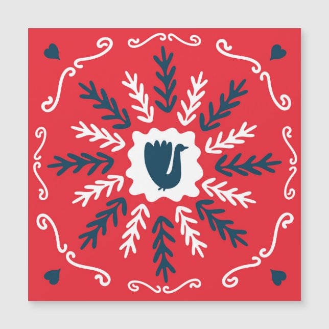 Folk Doodle Art Christmas Tile Magnetkarte (Vorderseite)