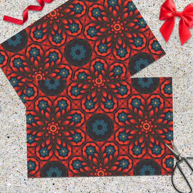 Folk Ethnic Red Black Blue Floral Muster Seidenpapier (Von Creator hochgeladen)