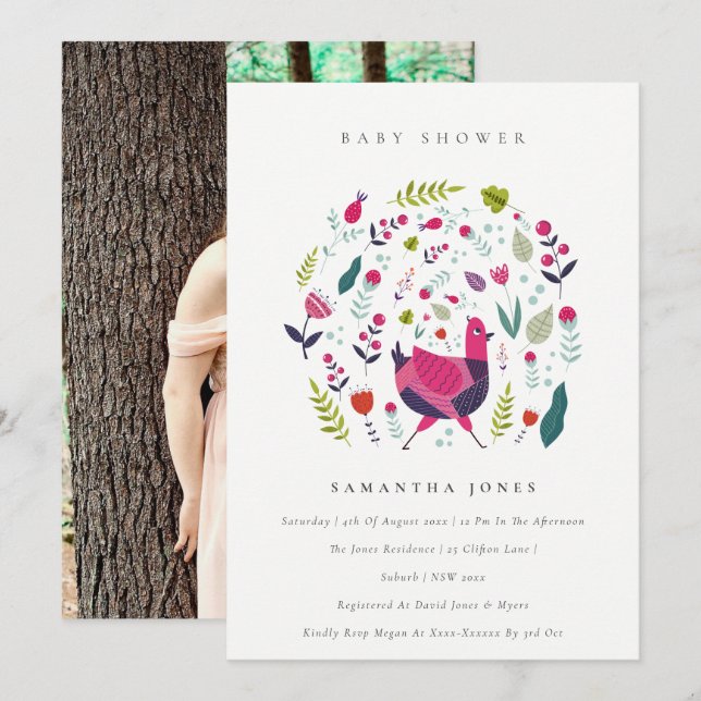 Folk Farm Floral Birdie Photo Invitation Baby Show (Devant / Derrière)
