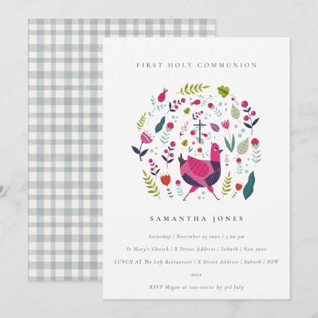 Folk Farm Floral Birdie Premier Invitation Communi (Devant / Derrière)
