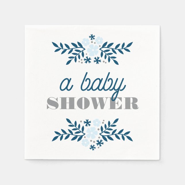 Folk Floral Blue Gray Baby Dusche Dekoration Serviette (Vorderseite)