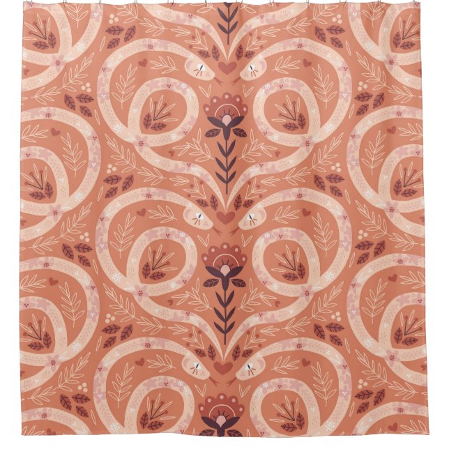Folk Floral Snake: Symmetrisch Vintag Duschvorhang (Vorderseite)