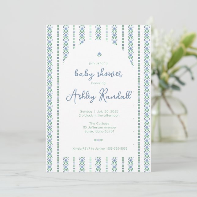 Folk Floral Stripe - Blue- Baby Dusche Einladung (Stehend Vorderseite)
