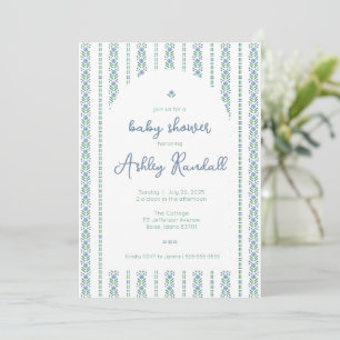 Folk Floral Stripe - Blue- Baby Dusche Einladung