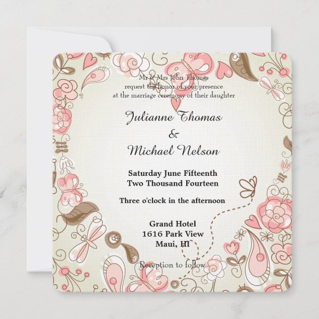 Folk Floral Whimsy Wedding Einladung (Vorderseite)