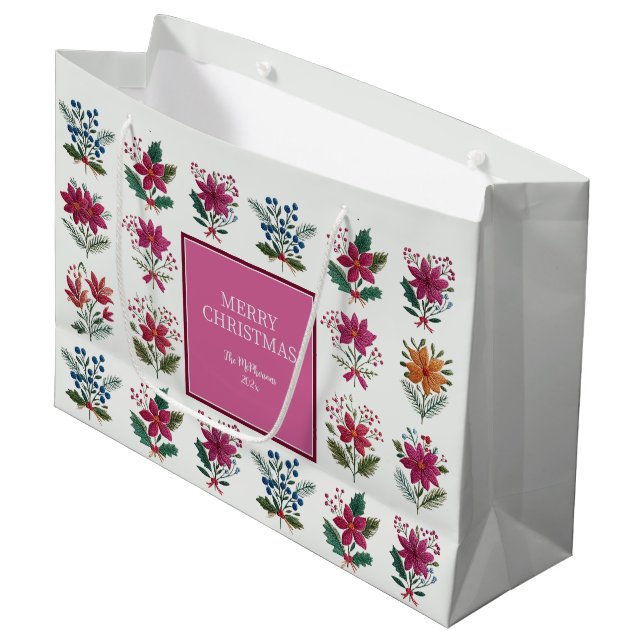 Folk Florals Christmas Große Geschenktüte (Vorderseite Schrägansicht)