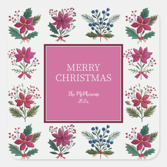 Folk Florals Christmas Quadratischer Aufkleber (Vorderseite)
