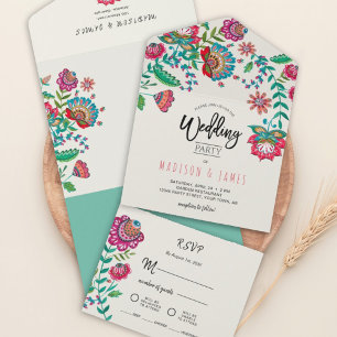 Folk Flowers Boho Türkisfarben Fiesta Hochzeit All In One Einladung