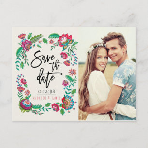 Folk Flowers Save the Date Fotopostkarte Ankündigungspostkarte