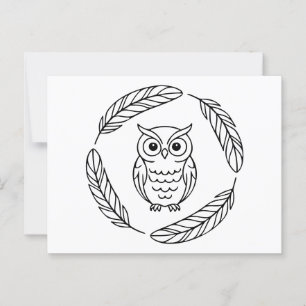 Folk Owl Line Kunst umgeben von Federn Postkarte